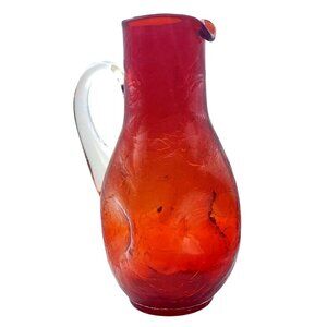 Vintage MCM Hand Blown Red Crackle Glass Pinched Pitcher Applied Clear Handle